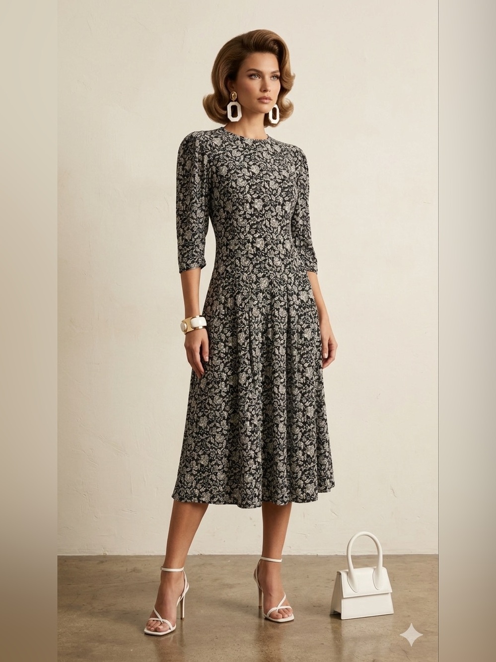 Vintage Paquette Too Byer California Floral Midi Dress 6 Black White Cottagecore